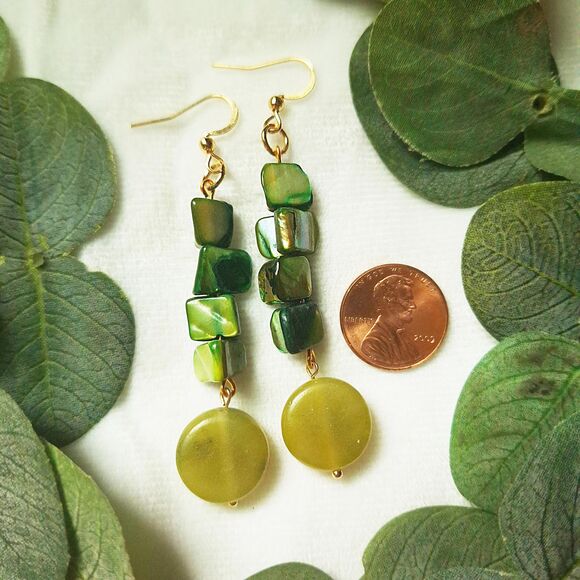 Coastal Green Mother of Pearl & Serpentine Stone Earrings: 24k Gold Plated Hooks - Picture 3 of 10